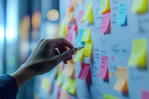 Hand writing on colorful sticky notes on a wall during a brainstorming session in an office photo