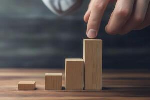 Hand arranging wooden blocks in a growing bar graph on a wooden table, symbolizing progress photo