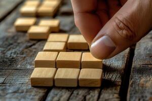 Hand arranging wooden blocks on a rustic table, showcasing creativity and focus in play photo