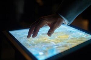Interactive touchscreen display showing a detailed map with a hand engaging, in a dimly lit room photo