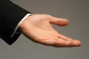 Outstretched hand in a formal suit, symbolizing offering or invitation against a neutral background photo