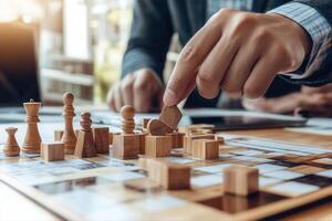 Intense chess match between two players in a modern workspace, showcasing strategic moves photo