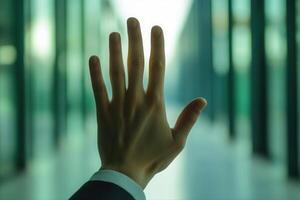 Hand reaching out in a modern office corridor, symbolizing connection and ambition photo
