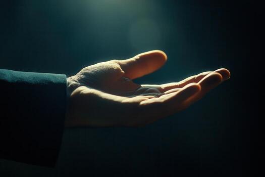 Open hand reaching out in soft light, symbolizing hope and connection in a dark setting photo