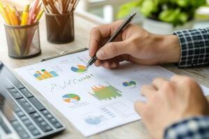 Person analyzing colorful charts and graphs at a desk with a laptop and office supplies photo
