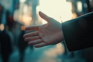 Outstretched hand reaching for connection in a bustling city street at sunset photo