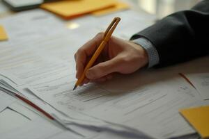 Professional hand holding a yellow pen, reviewing documents on a cluttered desk photo