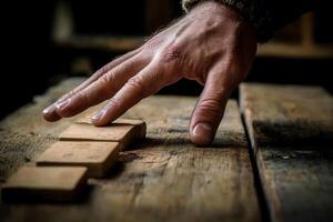Hand reaching for wooden tiles on a rustic table in a cozy, dimly lit workshop photo