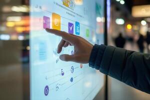 Person interacting with a digital touchscreen interface in a busy urban environment photo