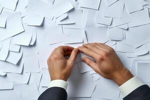 Hands of a business professional sorting through scattered blank papers on a desk photo
