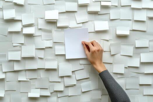Hand placing a blank note on a wall covered with numerous sticky notes in a creative workspace photo