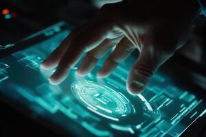 Futuristic hand interacting with a glowing digital interface in a dark, high-tech environment photo