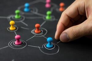 Hand placing a blue game piece on a colorful strategy board with abstract connections photo