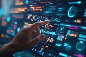 Futuristic interface interaction showcasing data analysis and visualization in a digital environment photo