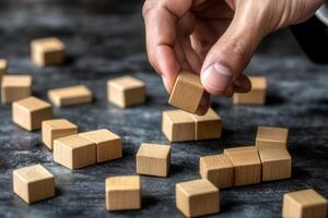Hand arranging wooden blocks on a textured surface with scattered blocks in the background photo