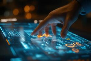 Futuristic hand interacting with a digital interface in a high-tech environment at night photo