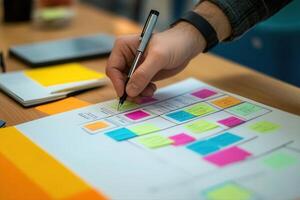 Hand writing notes on colorful sticky papers during a collaborative brainstorming session photo