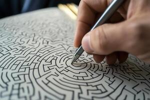 Intricate maze design being drawn with a silver pen, showcasing creativity and focus photo