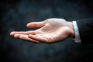 Open hand gesture in business attire against a blurred dark background, symbolizing invitation photo