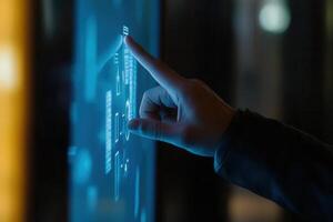 Person interacting with a digital touchscreen interface in a modern, tech-savvy environment photo
