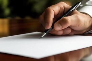 Hand holding a pen poised over a blank sheet of paper on a wooden desk with greenery photo