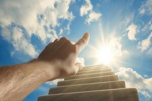 Reaching for the Sun A Hand Pointing Towards Bright Skies Above a Staircase photo