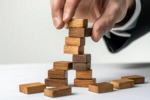 Hand carefully stacking wooden blocks to create a tower on a white surface, symbolizing balance photo