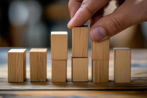 Hand arranging wooden blocks in a creative pattern on a rustic table, showcasing focus and skill photo