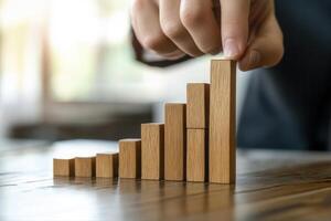 Hand arranging wooden blocks in a rising bar graph pattern on a wooden table photo