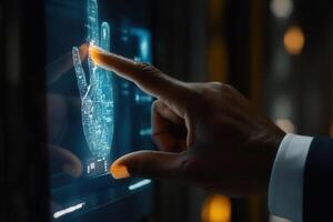 Hand interacting with futuristic touchscreen displaying biometric data in modern setting photo