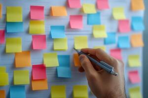 Hand placing colorful sticky notes on a brainstorming wall, fostering creativity and collaboration photo