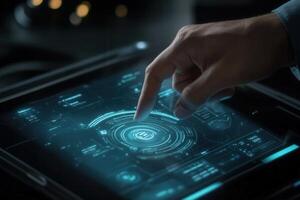 Futuristic hand interacting with a holographic interface on a sleek tablet in a tech workspace photo