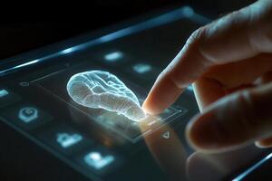 Human finger interacting with a holographic interface displaying a head sculpture in a modern setting photo