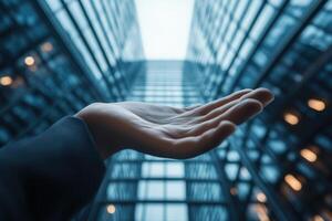 Outstretched hand in front of modern skyscrapers, symbolizing opportunity and growth photo