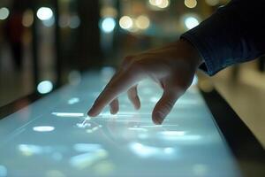 Person interacting with a digital touchscreen in a modern urban environment at night photo
