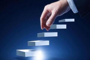 Hand reaching for floating blocks symbolizing progress and innovation in a digital space photo