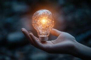 Hand holding a glowing light bulb amidst a blurred natural background, symbolizing ideas photo