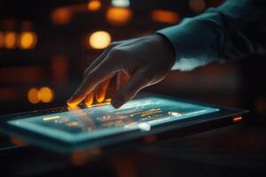 Hand interacting with a glowing touchscreen tablet, showcasing technology in a dimly lit room photo