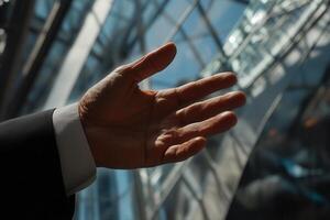 Hand reaching out in a modern architectural setting, sunlight reflecting off glass surfaces photo