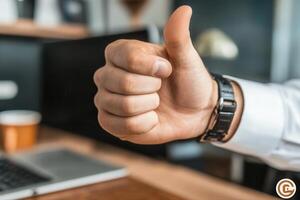 Person giving a thumbs-up gesture in an office setting with a laptop and coffee cup photo