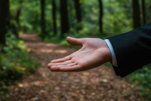 Open hand gesture in a forest path, symbolizing invitation amidst lush greenery photo