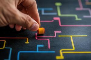 Hand erasing colorful lines on a dark surface, symbolizing creativity and problem-solving photo
