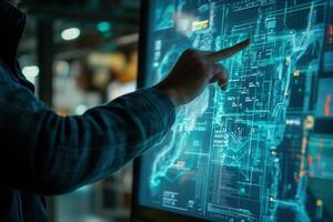 Person interacting with a digital interface displaying data analytics in a modern workspace photo