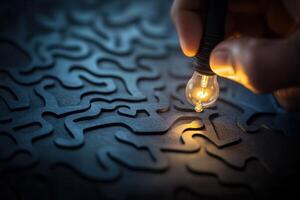 Hand holding a glowing light bulb over an intricate dark puzzle-like background photo