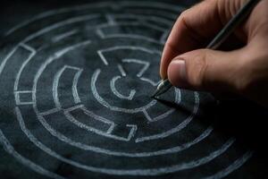 Hand drawing a complex maze on black paper with a silver pen, showcasing creativity and focus photo