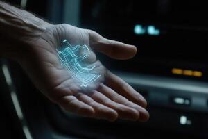 Futuristic hand displaying holographic technology inside a modern vehicle interior photo