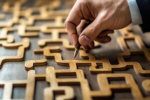 Hand holding a pen navigating a complex wooden puzzle on a table in a modern office photo