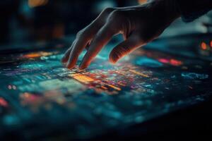 Hand interacting with a futuristic touchscreen display showcasing vibrant data visuals at night photo