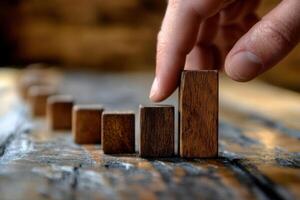 Hand adjusting wooden blocks to create a rising bar graph on a rustic wooden table photo
