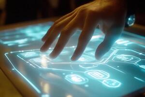 Futuristic hand interacting with a glowing touchscreen interface in a modern tech environment photo